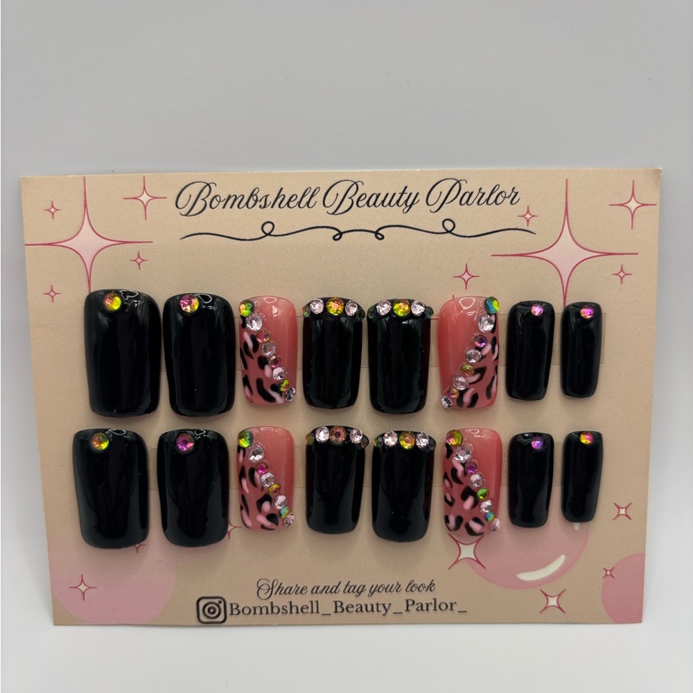 Short square cheetah bling nails pink and black